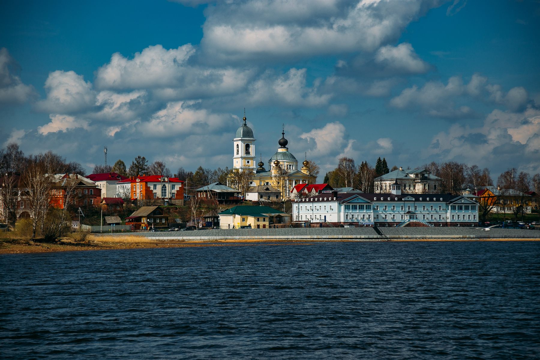 Churches and low houses of Myshkin on the bank of the Volga